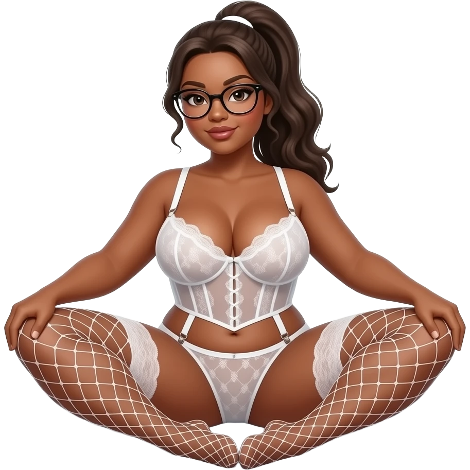 Big Busty, curvy brown skinned woman, long wavy hair in a ponytail, glasses, huge firm ass wearing a sheer white lace corset and a tiny sheer matching thong, white fencenet stockings and suspenders, she sat on the the edge of a bed facing viewer pulling her legs wide apart with her hands emoji