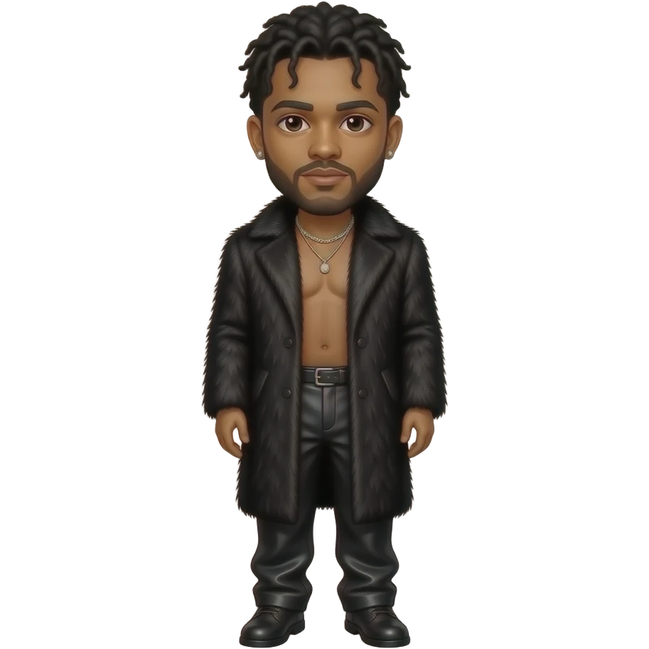 The Weeknd with dark brown eyes, black hair, black fur coat, black metallic baggy pants, shirtless with necklace and earrings emoji
