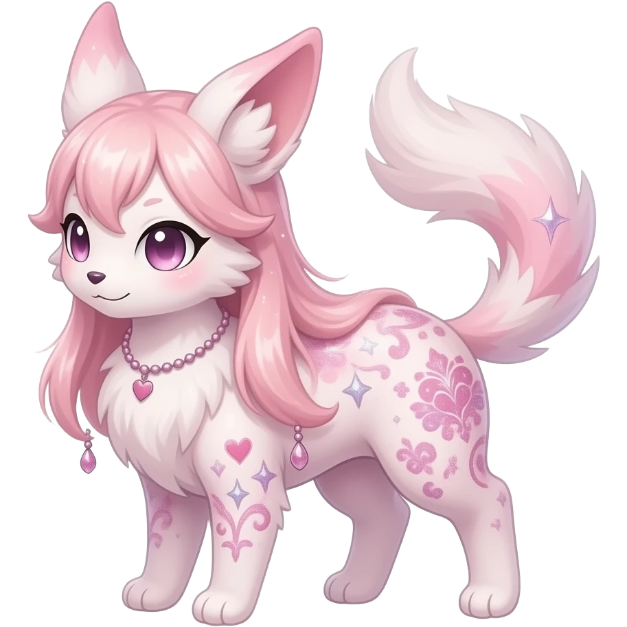 Fuzzy slim oriental thin fine neat feathery long-haired beaded mane cozy rosy aesthetic Rosy beautiful gorgeous pretty Petite shiny glossy sparkly romantic pastel damask Absol-Sylveon-Amaura-Aurorus-Espeon-Fakemon-hybrid with heart sparkle patterns emoji