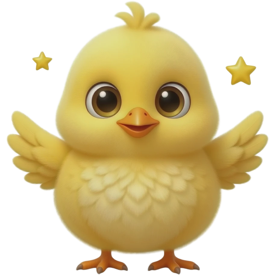 Cute 3D chick emoji icon, round fluffy yellow baby chick, tiny wings, small orange beak, big shiny eyes, soft glossy texture, clean white background, centered composition, with exactly two small golden stars floating around the chick, minimal cute icon style. No extra objects. emoji