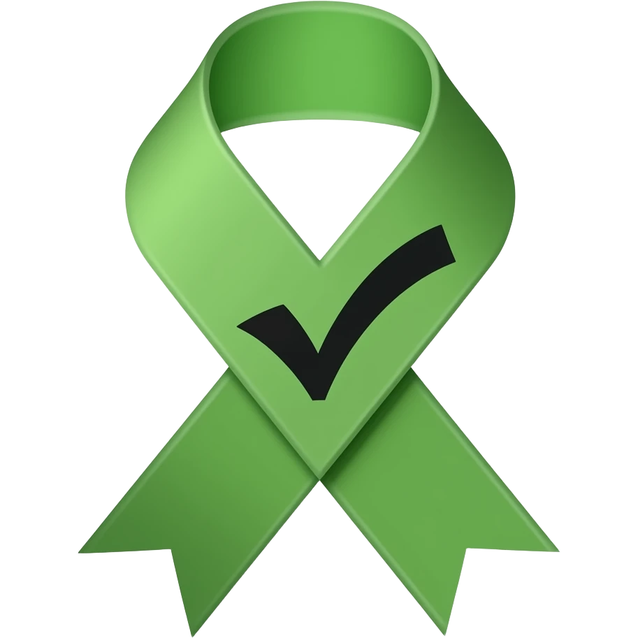 green Ribbon Badge that has a black tick in the middle emoji