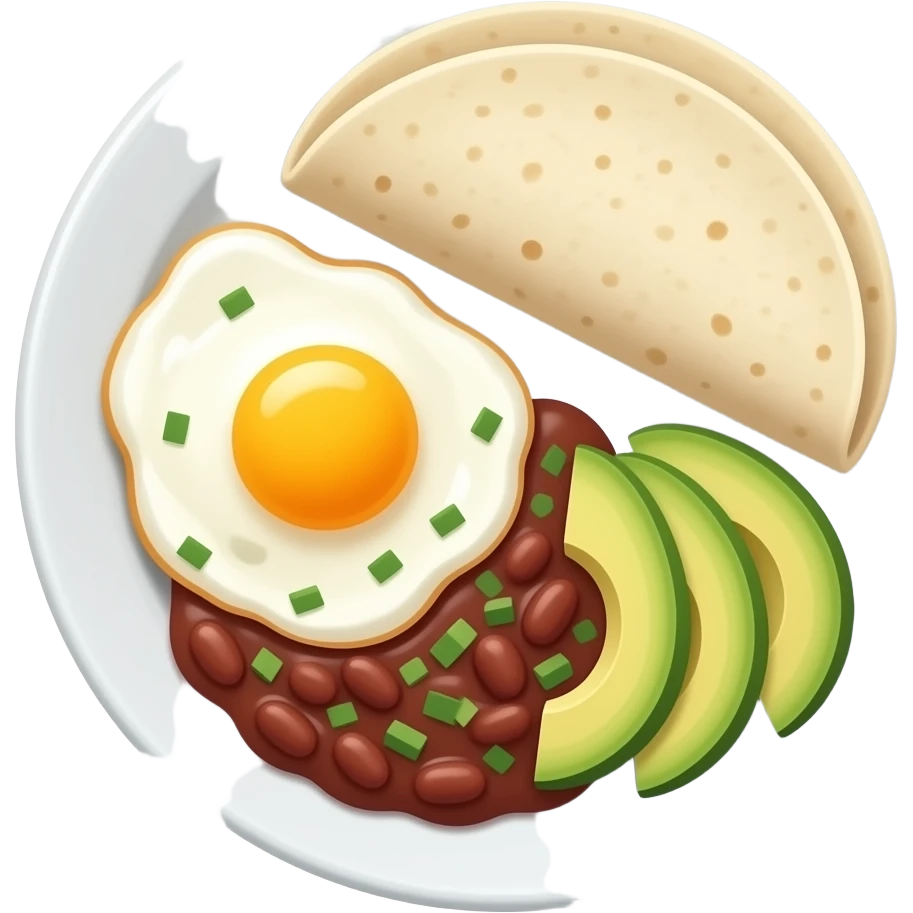 Breakfast platter on a plate with fully scrambled eggs, refried beans, sliced avocado, and two tortillas emoji
