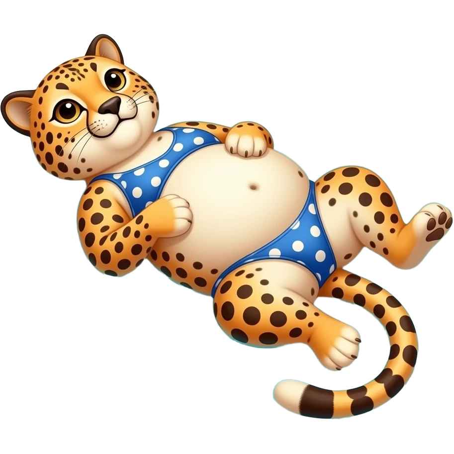 A cheetah enjoys beach holiday in her swimmers,but she is so full from a lunch break that she is about to burst,Then her fat Tummy rolls & drops out,she will just lay on her back in the shallow cool water,her gluttonous belly promotes a good resort business. emoji