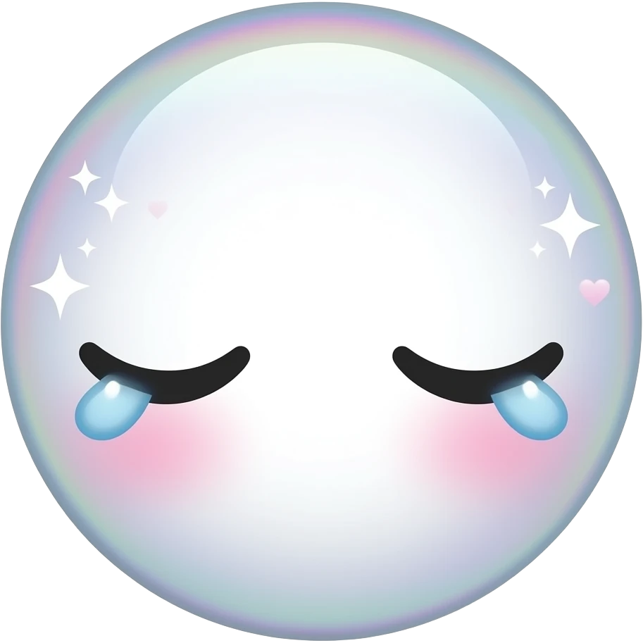 Sleepy circle emoji face with glossy droopy eyes, pastel holographic glow, tiny floating stars and hearts, dreamy soft lighting, cute emoji sticker aesthetic emoji