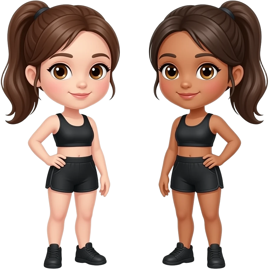 Girl dancers wearing black workout clothes, one with brown hair brown eyes and the other with darker hair and hazel eyes, both in ponytail, same skin tone emoji