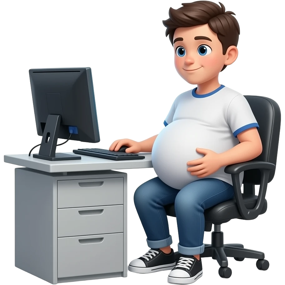 Chłopak ma 16 lat z bardzo bardzo dużym brzuchem brzuch ma kształt jak bardzo duża piłka w pracy biurze sieci nad komputerem emoji