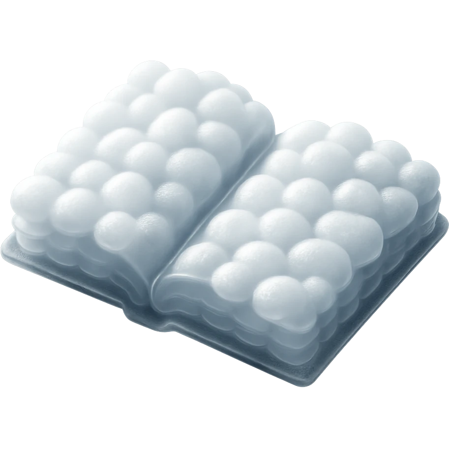 top view of a thick open book made entirely of small, very bright white fluffy convex clouds, matte glass style emoji