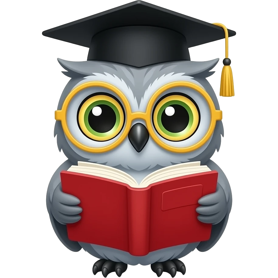 A cartoon illustration of a cute grey owl wearing a black graduation cap with a yellow tassel and round yellow-framed glasses. The owl has large expressive eyes with green irises and black pupils, and is holding a red open book with cream-colored pages. emoji