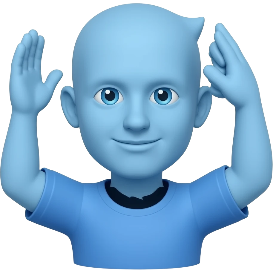 blue guy sqiggly neck with one arm doing emoji