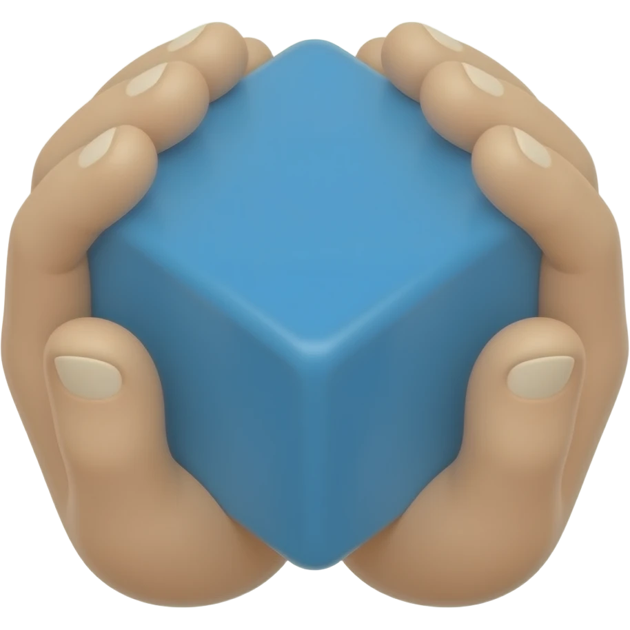 hands closed together holding blue cube, white skin facing camera emoji