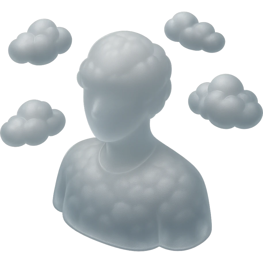 A person from the shoulders up, entirely composed of fluffy white convex clouds emoji