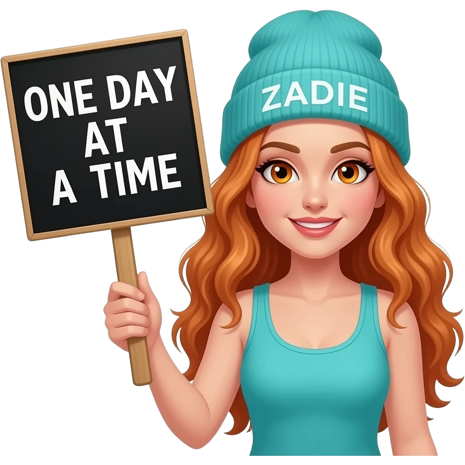 sexy girl with overlong wavy ginger hair and ginger eyes wearing a turquoise tanktop and a turquoise beanie with ZADIE written on it, is holding a black sign with ONE DAY AT A TIME written on it emoji