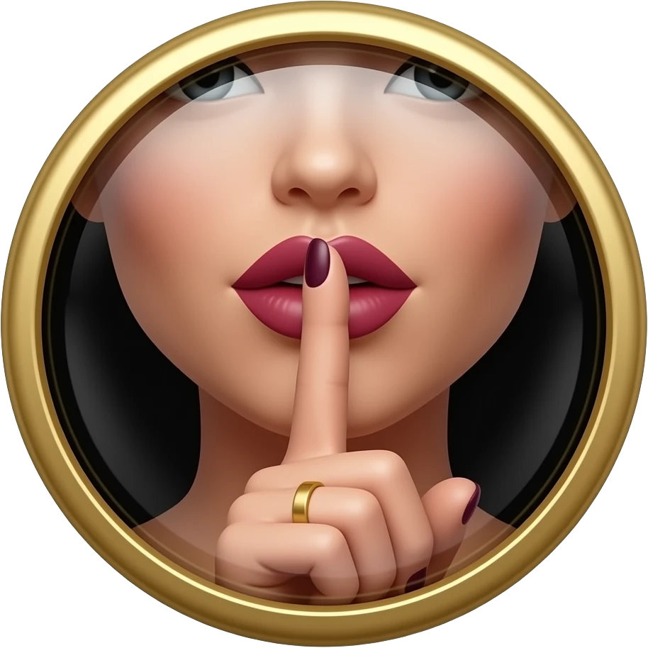 Luxury 3D emblem, close-up of female lips. Index finger is pressed vertically to the center of the lips in a shh gesture. Dark burgundy nails, gold rings, black background emoji