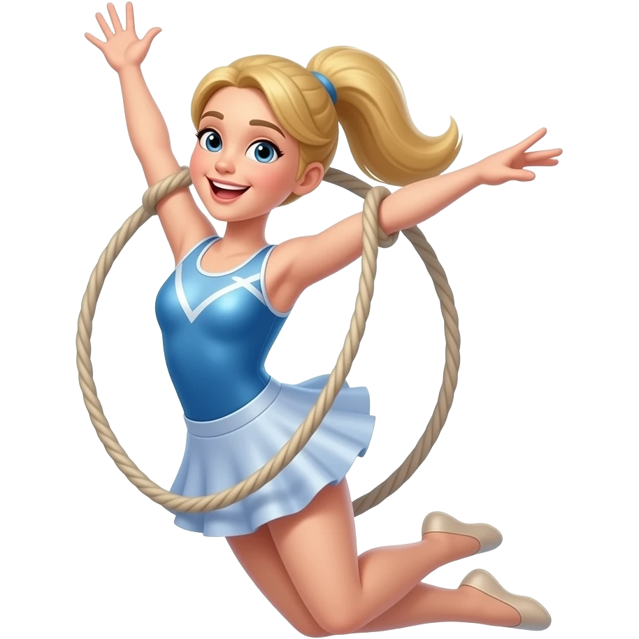 trapeze emoji jumping for joy- white skin color woman no ropes and blonde hair in a gymnast outfit hair in a ponytail blonde add a skirt teenager no ropes emoji