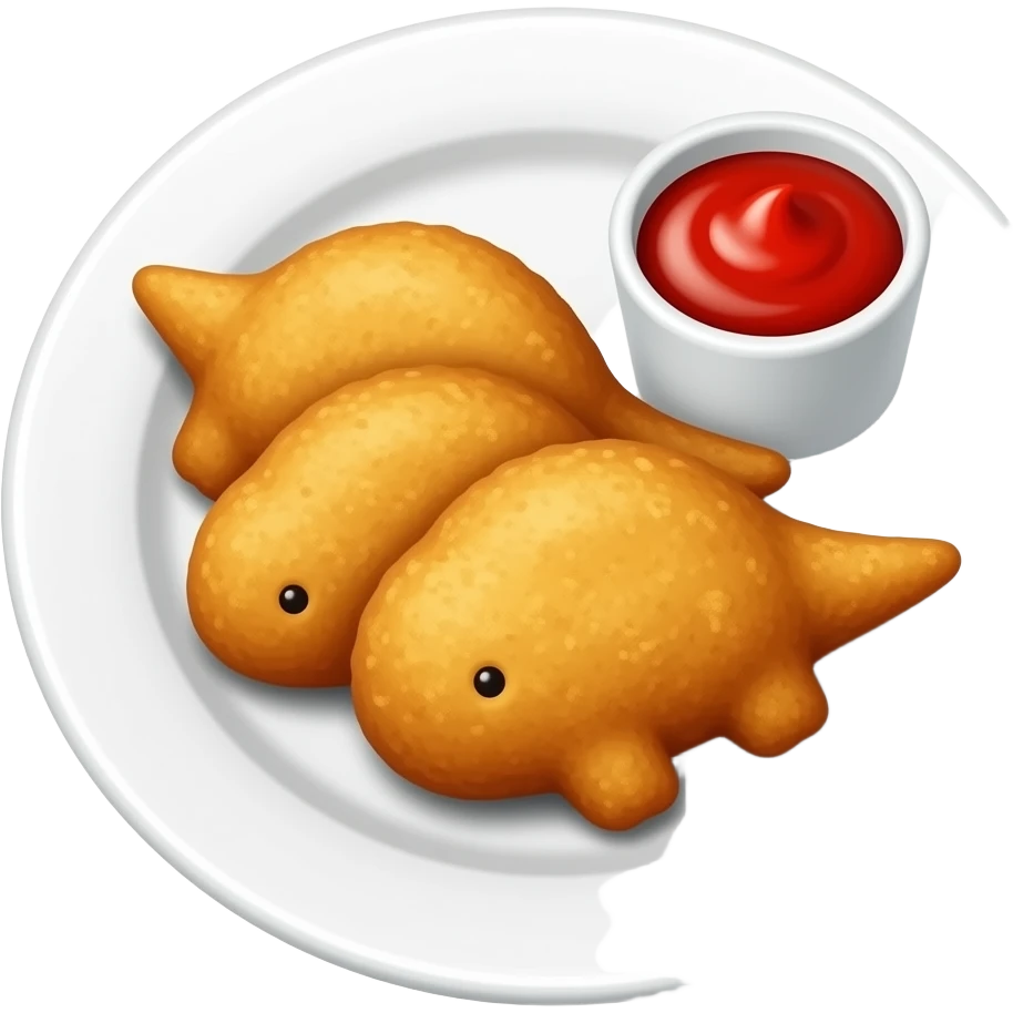A white circle plate with 3 chicken nuggets shaped like dinosaurs laying flat on the plate and a little cup with ketchup on the side, transparent background emoji