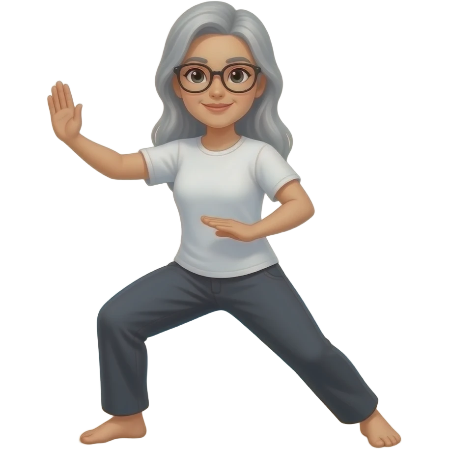 Femme lunette cheveux gris clair long fait son tai chi sur la plage emoji
