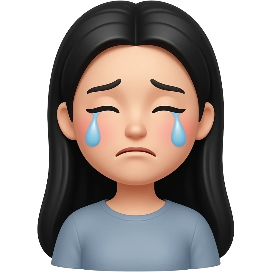 iphone emoji crying woman sticker, long straight black hair, sad crying face, red flushed cheeks, tears streaming down, white background, Memoji style, full body, transparent background, high quality emoji