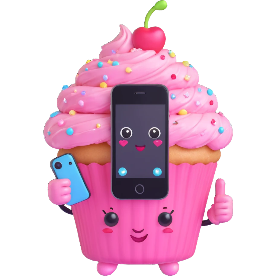 extremely cute 3D kawaii cupcake character, pastel colors, glossy swirled frosting with hearts and sparkles, shiny cherry, big sparkling eyes, holding a phone for a selfie, winking, pastel pink polka dot wrapper, confident pose, floating sparkles, soft lighting, high resolution emoji