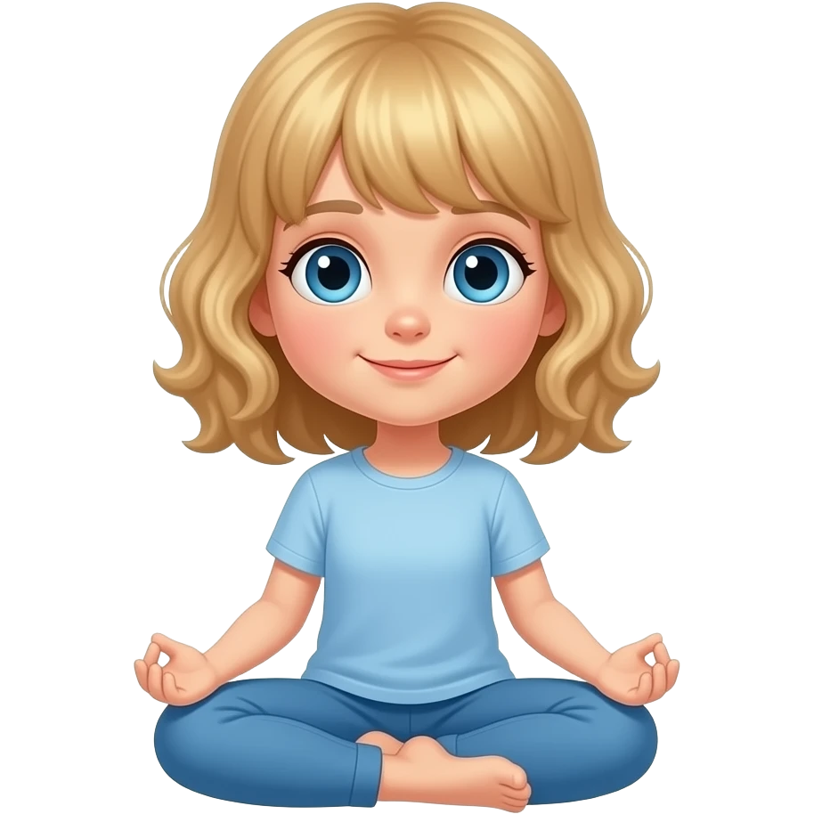 white kid blue eyes mid length hair to her shoulders with bangs soft curly hair to shoulders in color: middle to little darker blond, shoulder length. doing yoga emoji