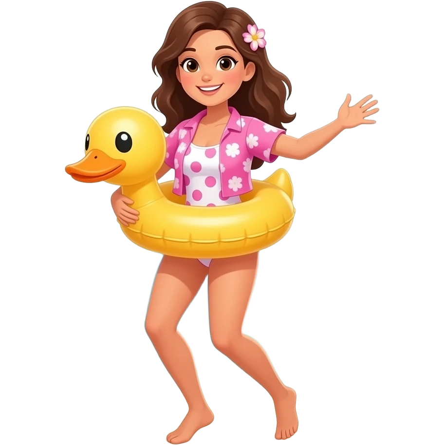 Wearing duck floatie 3d style photo in the stone age sunset beach A pink Mrs girl dancing pink caveman hawaiian wears a pink white Brown hair and pink dots in white gradient swimsuit white dots and pink big dots and white pink gradient corals and starbucks one piece swimsuit emoji