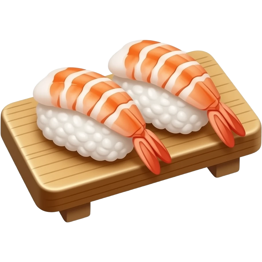 3D emoji style Japanese nigiri sushi, two pieces side by side, small white rice ovals topped with two shrimp slices, on a wooden board, Apple emoji aesthetic, soft highlights, transparent background, bold simple shapes emoji
