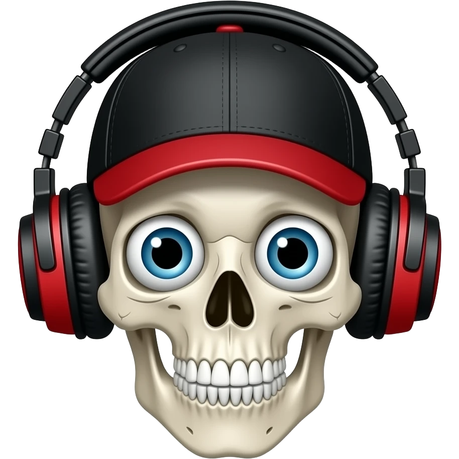 A skeleton with big eyeballs wearing a black and red baseball cap and black and red DJ headphones emoji
