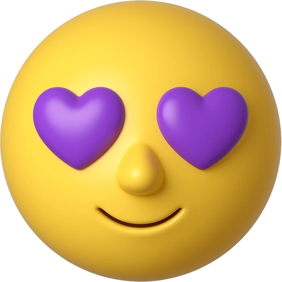 3D Classic  Yellow Round Emoji face with Purple Heart Shaped eyes emoji