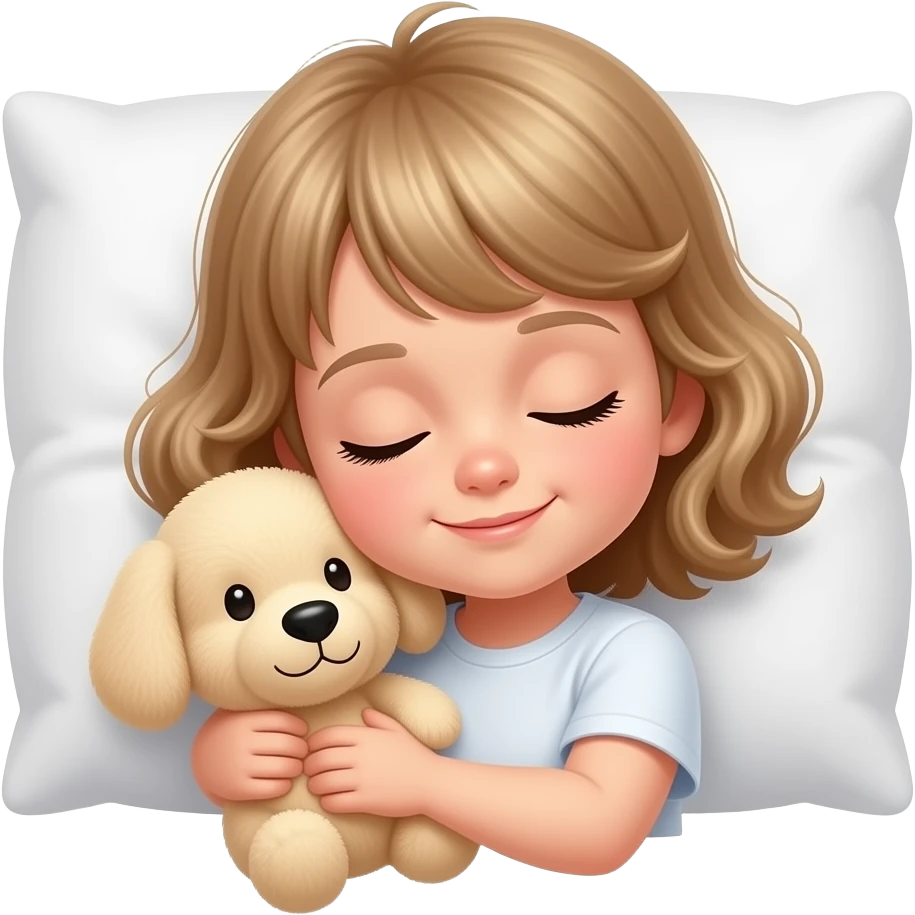 white kid  mid length hair to shoulders with bangs soft curly hair to shoulders in color: middle to little darker blond. sleeping on a pillow with a soft smile and hugging a beige stuffed dog emoji