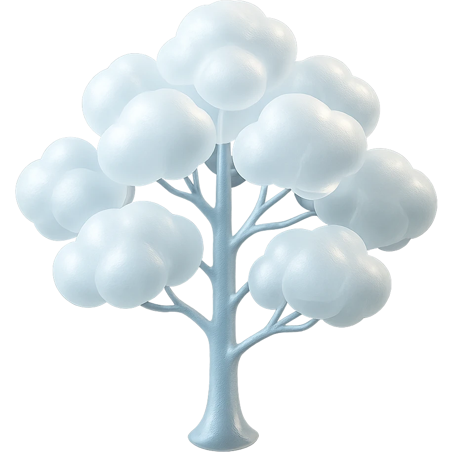 one tree with many branches and a white trunk, crown made of small very bright white fluffy convex clouds, matte glass style emoji