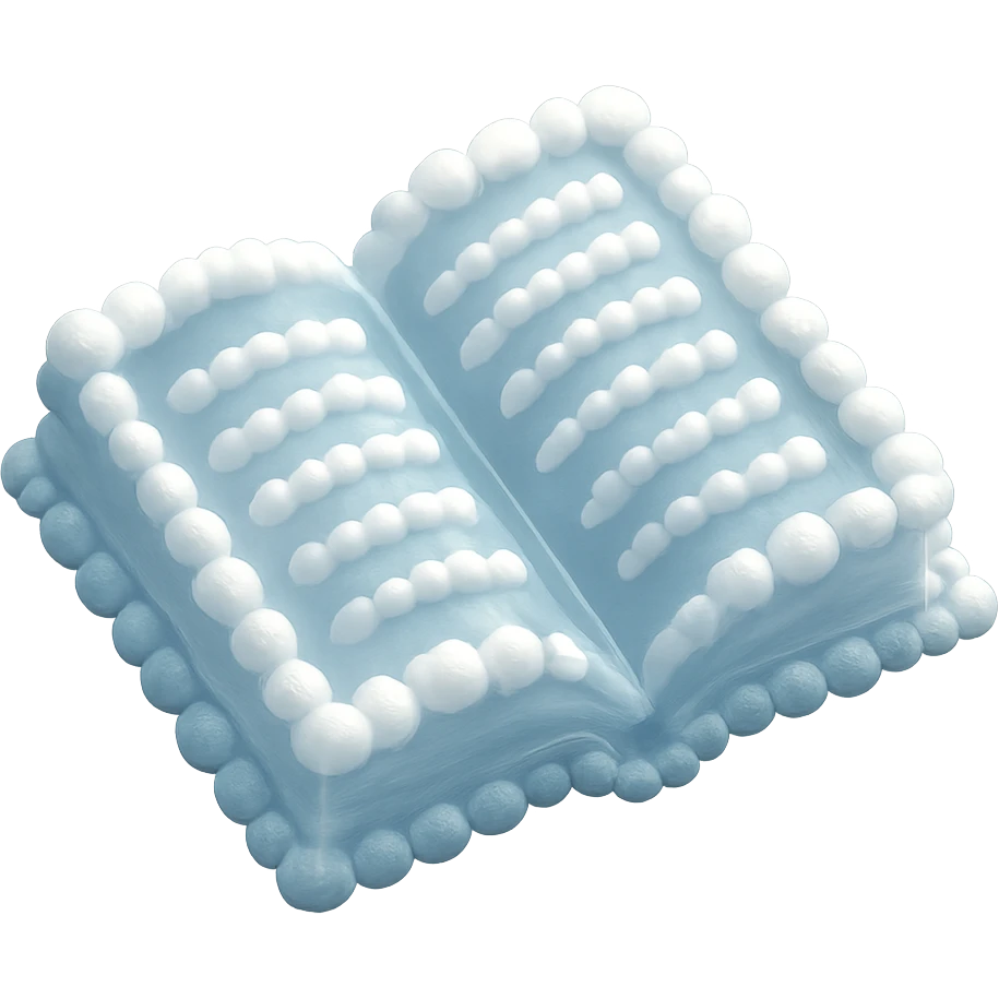 top view of a thick open book made entirely of small, very bright white fluffy convex clouds, matte glass style emoji