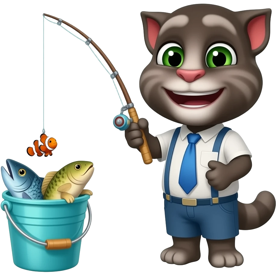 صد تاTalking Tomماهیگیر با یک سطل پر از سمندر مکزیکی،سالمون و دلقک ماهی emoji