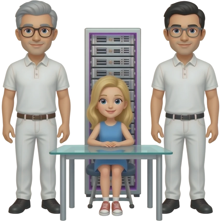 In the background is a silver server cabinet with purple backlighting, in the foreground is a glass table and an imac computer, two men are standing, gray hair, black glasses, black hair, gray glasses, dressed in white pants and a polo shirt, a blonde girl is sitting at the table, emoji