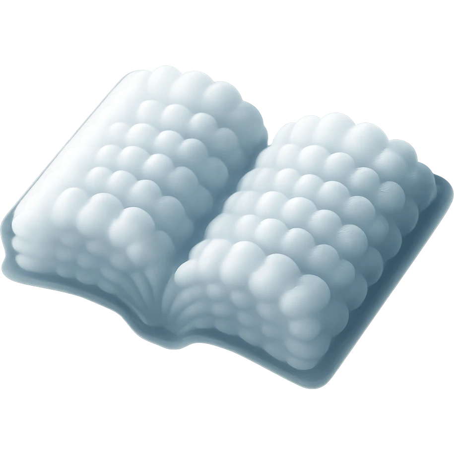 top view of a thick open book made entirely of small, very bright white fluffy convex clouds, matte glass style emoji