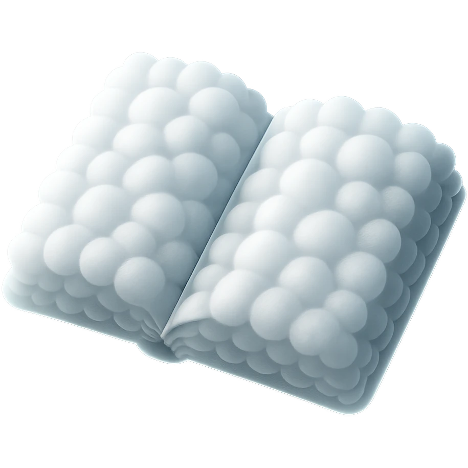 top view of a thick open book made entirely of small, very bright white fluffy convex clouds, matte glass style emoji