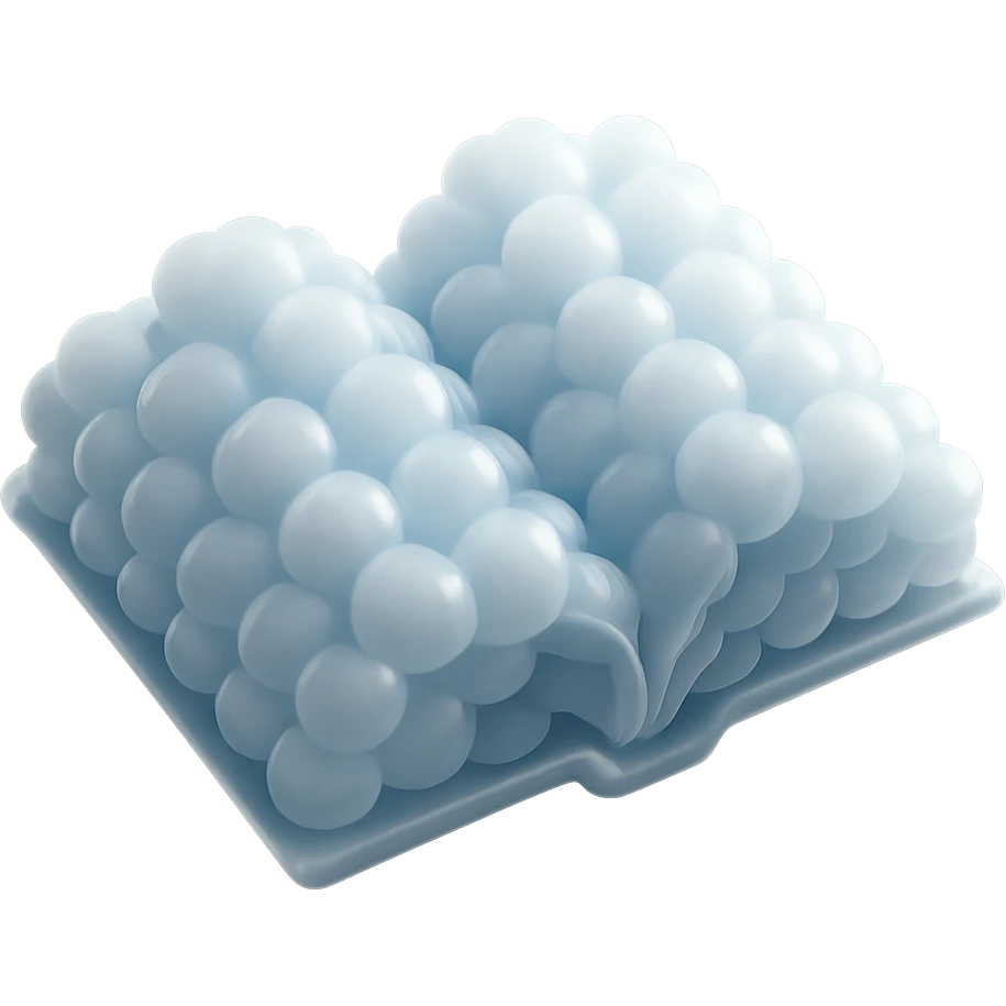 top view of a thick open book made entirely of small, very bright white fluffy convex clouds, matte glass style emoji