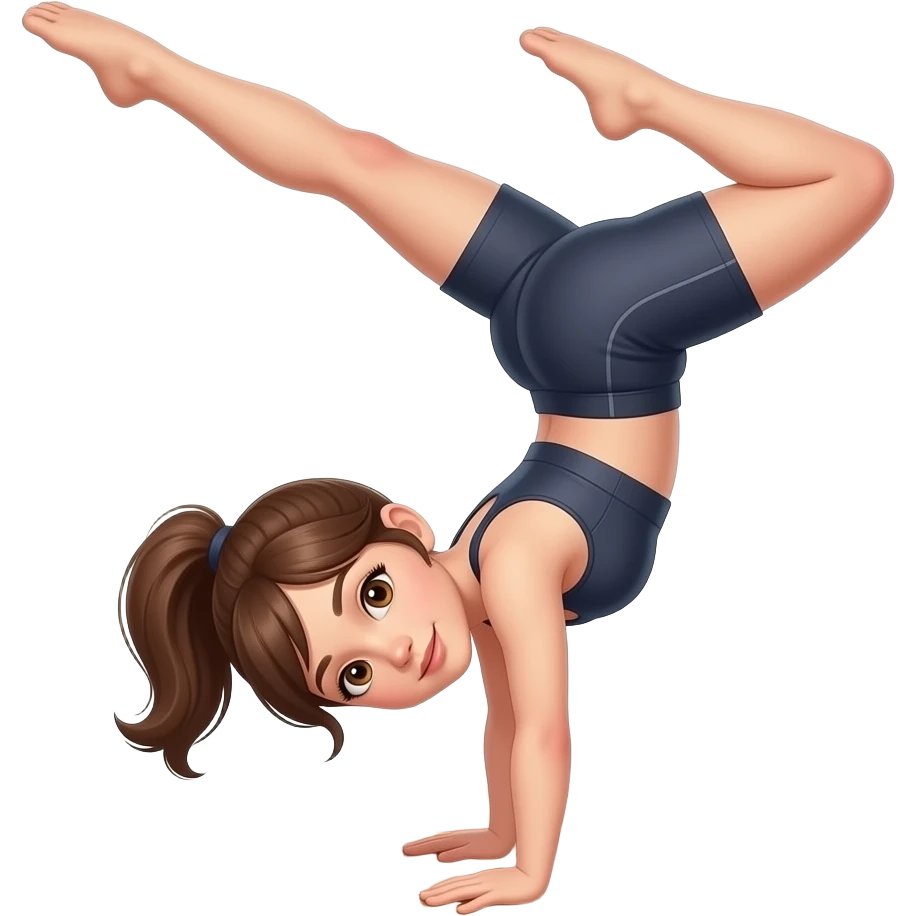 Girl acro dancer with brown hair in a ponytail and brown eyes wearing workout clothes doing handstand emoji