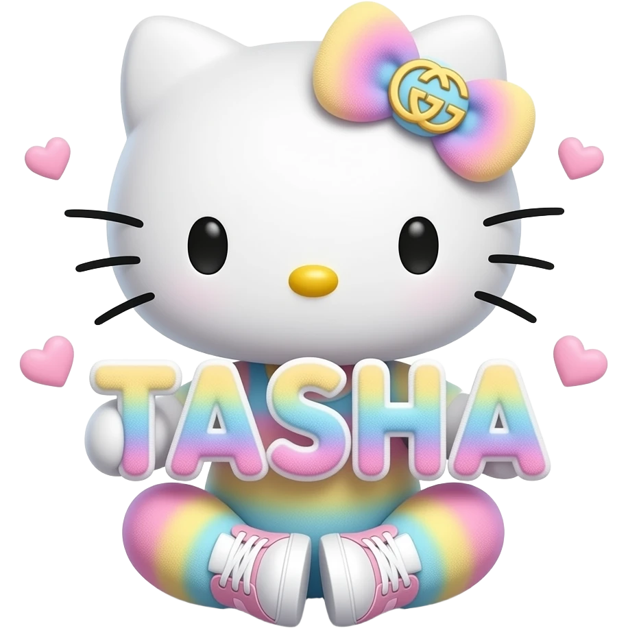 4D Velvety fur texture hello kitty wearing ombre white and blue and pink and yellow ombre pastel colored leggings and sneakers, and with the Gucci symbol on her ombre pastel bow sitting down holding the velvety 3D outlined letters TASHA and surrounded with tiny ombre pastel hearts made of candy emoji