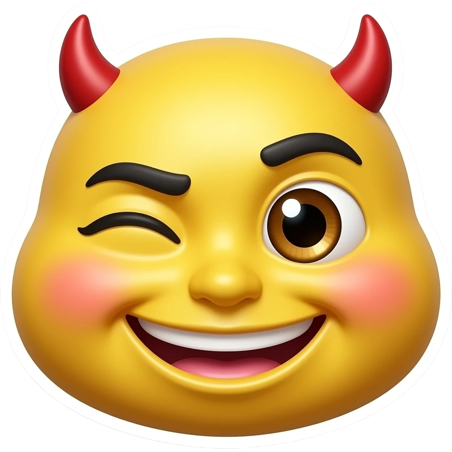 A naughty 3D emoji sticker with a mischievous smirk, half-lidded eyes, blushing cheeks, tiny devil horns, glossy yellow face, suggestive adult humor vibe, clean white background, soft shadow, no text, no watermark emoji