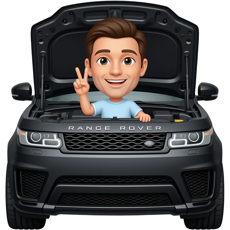 Black Range Rover svr hood open with driver holding peace sign and smiling emoji