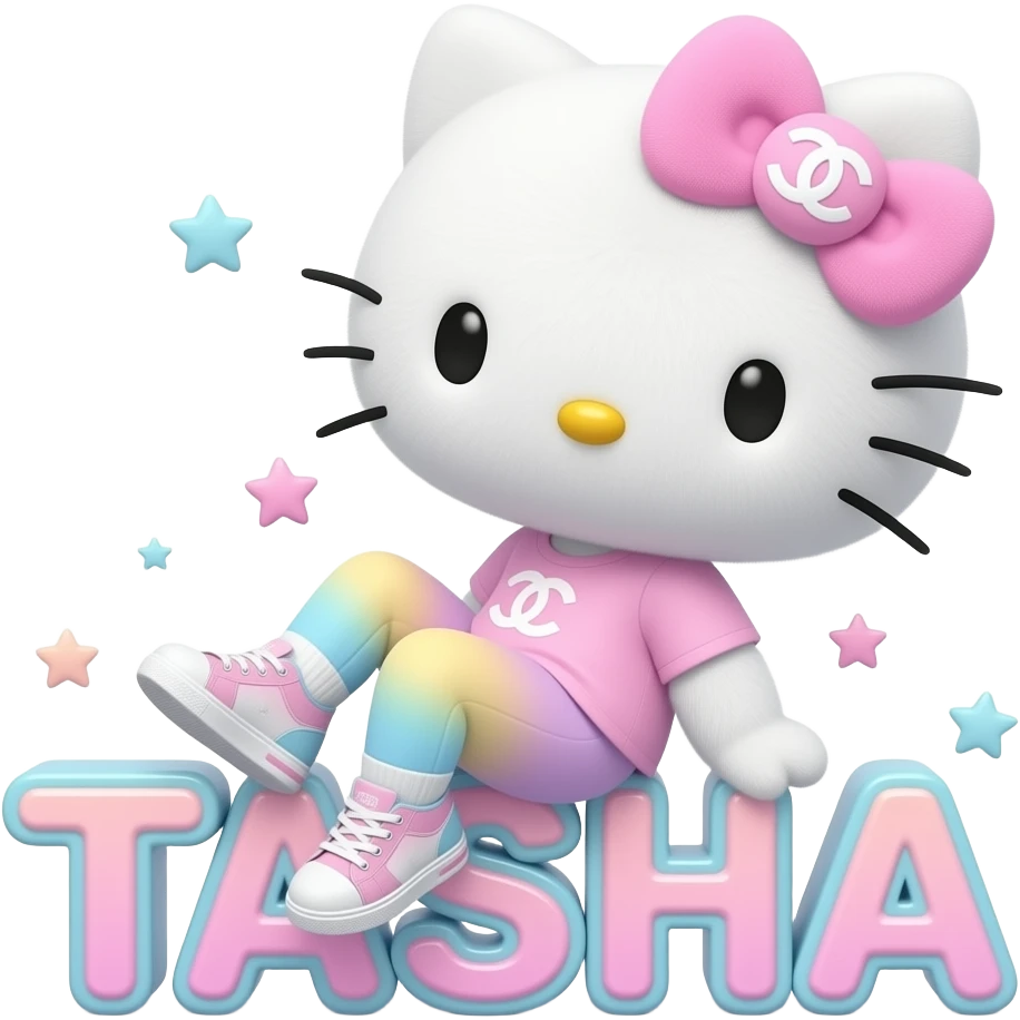 4D Velvety fur hello kitty wearing ombre white and blue and pink yellow ombre pastel colored leggings and sneakers, and with the Chanel symbol on her ombre pastel bow sitting sideways leaning back on top of the velvety 3D outlined letters TASHA surrounded with tiny ombre pastel stars made of candy emoji