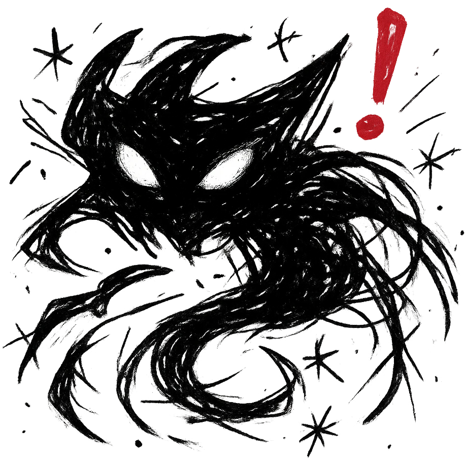 camouflaged predator silhouette with glowing eyes and red alert mark ...