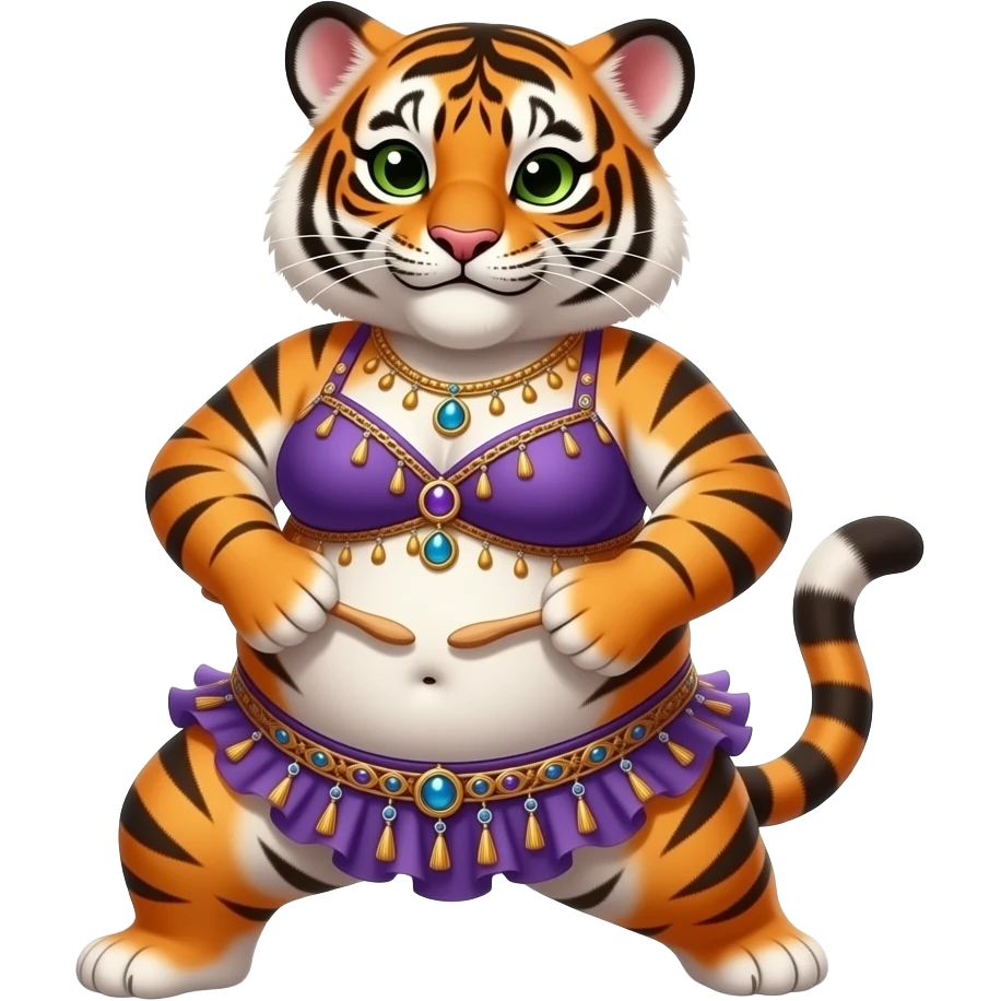 A chubby female tiger cub belly dancer,after a hefty brunch meal she is full & fat,Starting off with a stretch routine,she sticks out her plump tummy as far forward and downward as possible she can,then plays a slapping sound game on her fat tummy like drum solo,her bellybutton is poking out. emoji