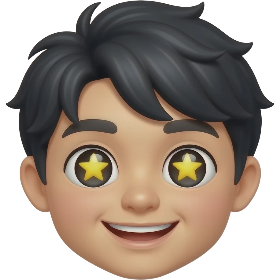 cheerful face emoji, big yellow star eyes, Korean boy features, black fluffy wavy bangs, small mole under right eye, high nose, only face emoji