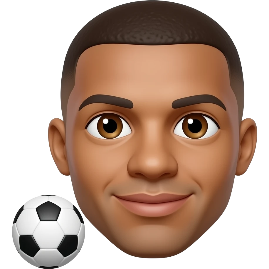Mbappe-inspired 3D emoji, same face every time, 1 tiny football beside the hair. emoji
