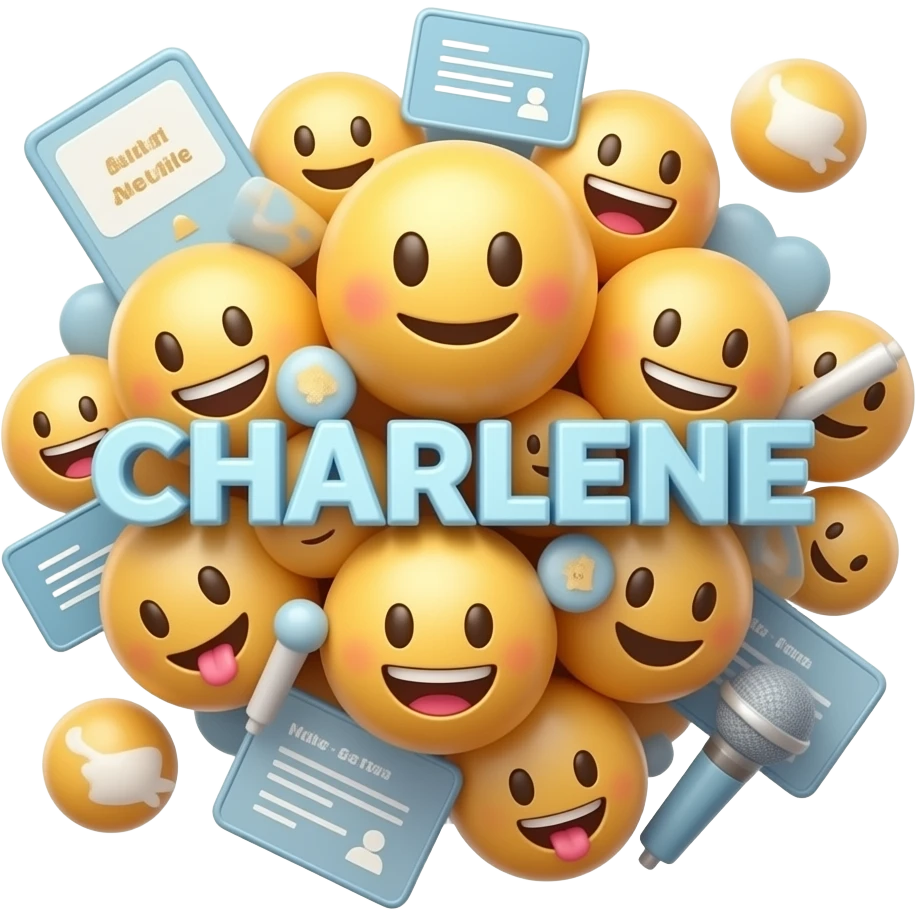 3D emoji of “CHARLENE” lettering in the center, surrounded by floating ...