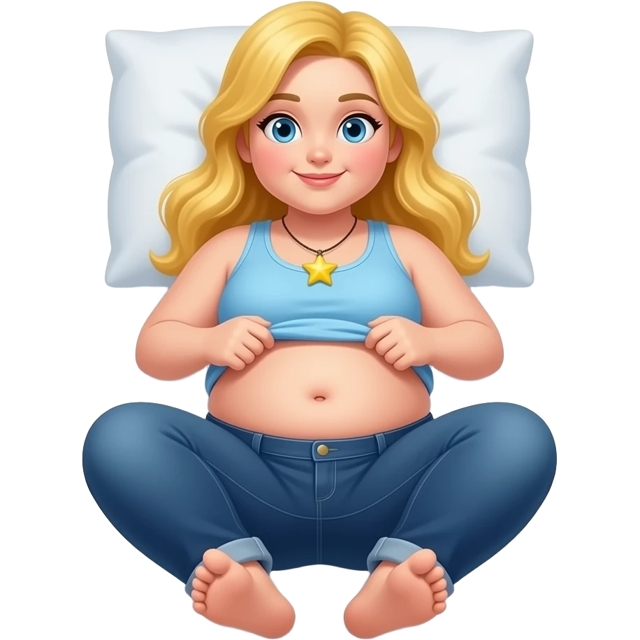 Chubby white girl blue eyes yellow long hair light blue tank top yellow star necklace dark blue plain jeans showing her feet lifting her tank top up to show chubby belly button laying down on her pillow in bed to show feet emoji