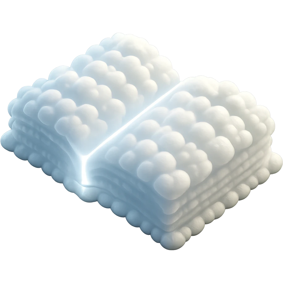 top view of a thick open book made entirely of small, very bright white fluffy convex clouds, matte glass style emoji