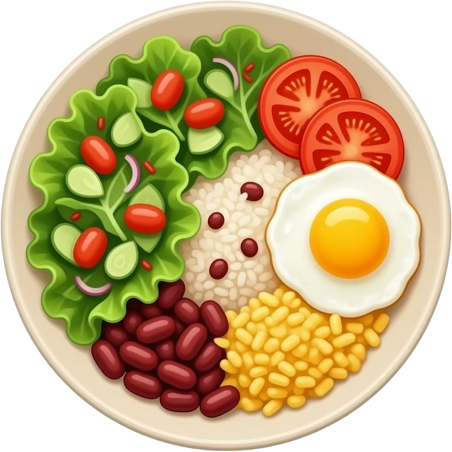 Prato de comida de porcelana beje bem fitnees, com salada de alface e rodelas de tomate arroz feijão e ovo mexido emoji