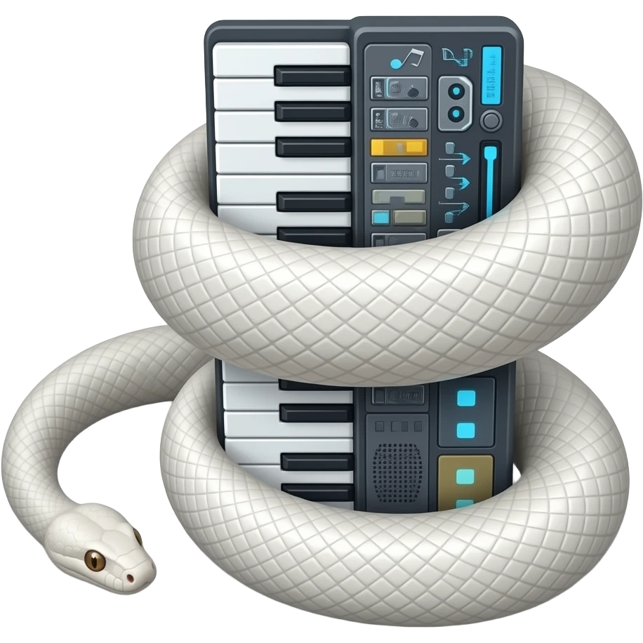 albino boa constrictor wrapped around futuristic tubular musical keyboards emoji