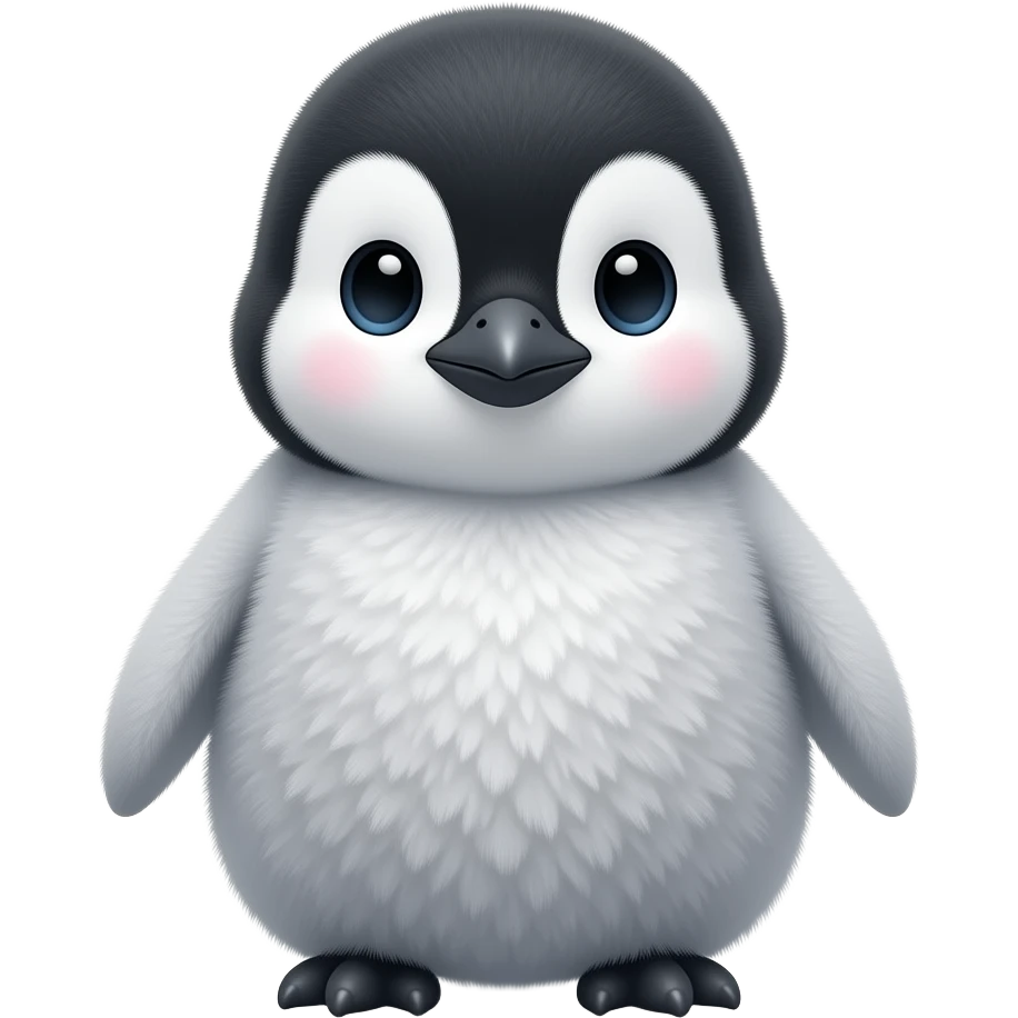 Baby penguin emoji, fluffy gray feathers, innocent big eyes, tiny beak, soft rounded body, kawaii 3D emoji icon, clean background emoji